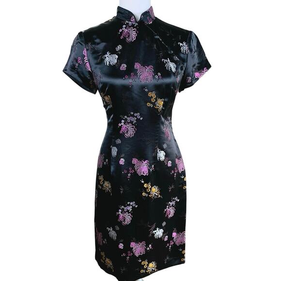 Vintage Jessica Howard Size 6 Chinese Embroidered Dress Black Satin Floral Party - Picture 1 of 11